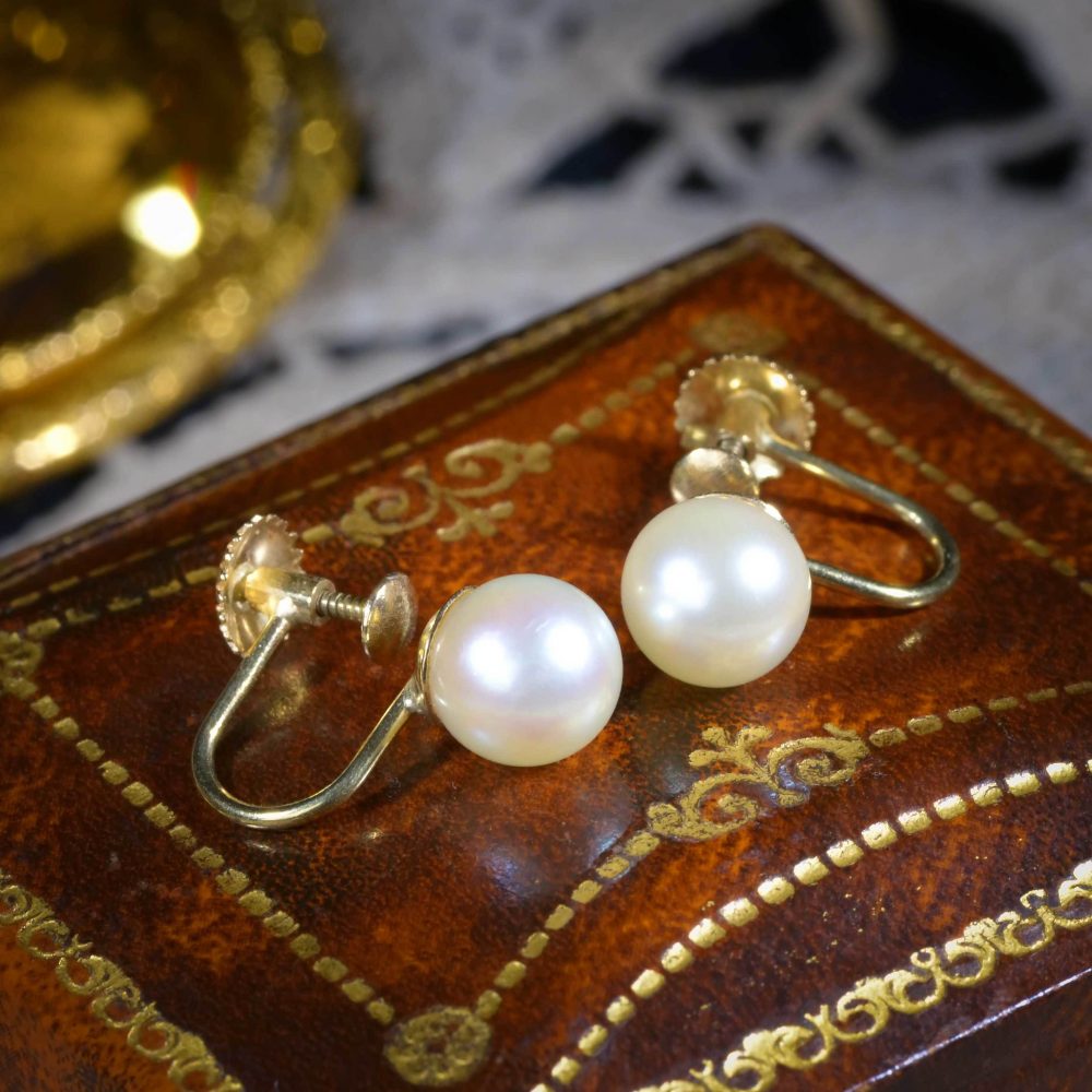 Mid Century 14ct Gold, Pearl Screw-back Earrings
