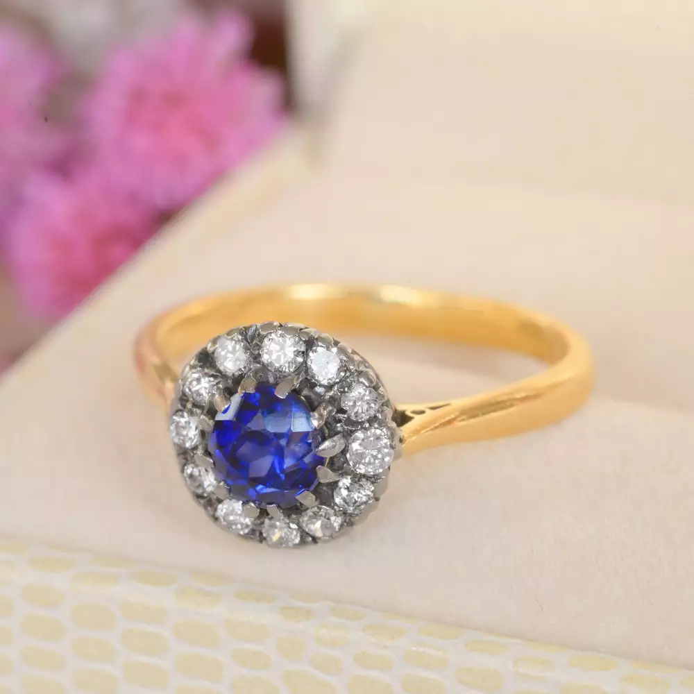 Mid-Century Sapphire & Diamond Halo Ring in 18ct Gold